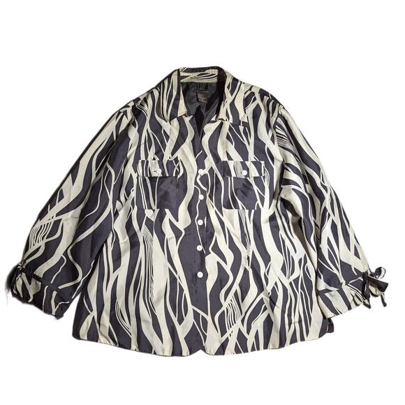 Vtg Y2K Anne Carson Black Ivory 100% Silk Abstract Stripe Button Up Blouse Sz L - Picture 1 of 3